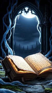 Open Ancient Book With Unreadable Text in Wintery Stone Setting
