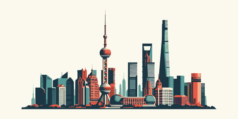 Stylized Modern City Skyline Illustration featuring Iconic Skyscraper Architecture – A Dynamic Urban Panorama capturing the Vibrant Essence of a Thriving Metropolis