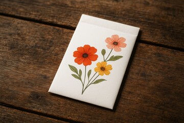 Artistic envelope with colorful flower design placed on rustic wooden background in warm natural light, symbolizing creative handmade stationery. Ai generative