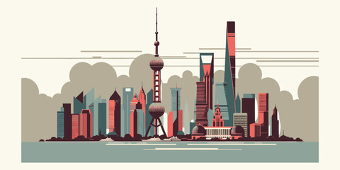 A modern flat design vector illustration depicting the iconic Pudong skyline of Shanghai, China with famous landmarks