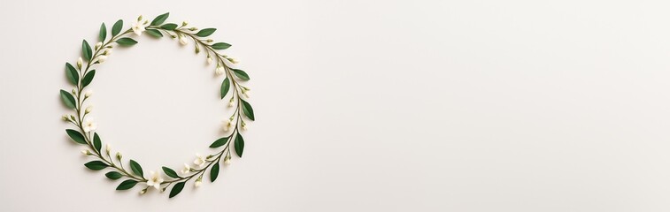Fototapeta premium Floral wreath made of green leaves and small white flowers on light background with copy space for design or advertising concept template. Ai generative
