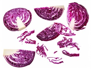 Sliced red cabbage pieces and shredded leaves against a white background