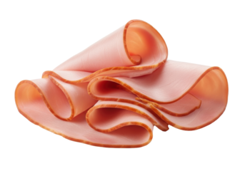 Thinly sliced light pink cured ham with reddish-brown edges, delicately curled and overlapping, on a transparent background with copy space, soft studio lighting. Concept for food advertising