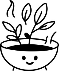 Witches forest potion brewing in smiling cauldron with leaves and steam rising gently