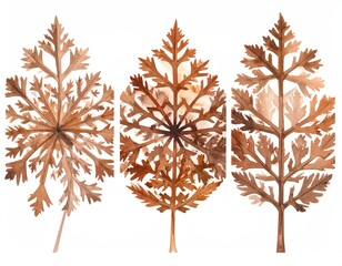 Fototapeta premium Three stylized, symmetrical botanical illustrations with brown watercolor tones