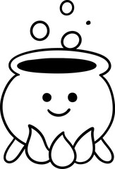Witches cauldron bubbles in forest magic scene with smiling face and fire below