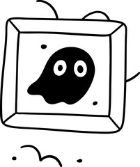 Spooky ghost framed in simple black border with witches symbols floating around in dark forest
