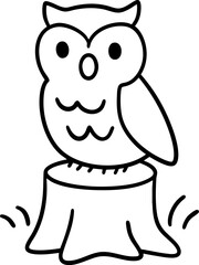 Owl forest witches perched on tree stump in simple black line art style
