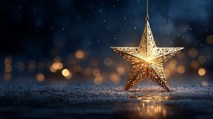Elegant golden Christmas star shining in a midnight sky with sparkling bokeh light festive holiday background with copy space for greeting cards web banners social media and product mockups