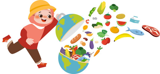 Kid with healthy food in the world 