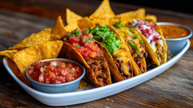 A delicious platter of tacos with various fillings served alongside tortilla chips and salsa in a vibrant, appetizing presentation. - Powered by Adobe