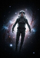 Future soldier astronaut warrior woman with a gun and helmet in a dark spacesuit on the moon with a distant planet and star