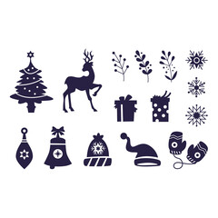 christmas icons set vector, christmas season elements silhouette png collection