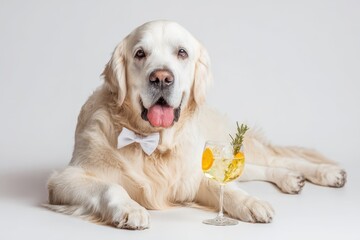 Golden Retriever Birthday. Funny Dog with Cocktail Glass in Party Celebration