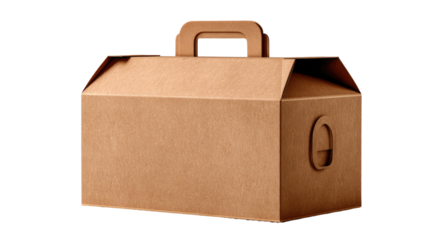 Brown cardboard carry box with handle and cutout.  Perfect for food delivery or gifting