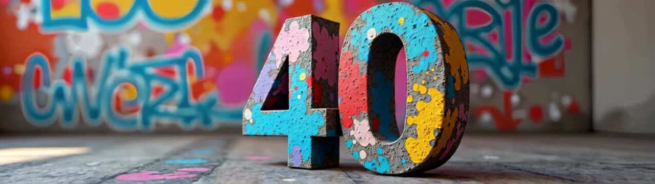 Number 40 painted on a wooden surface in front of a graffiti covered wall