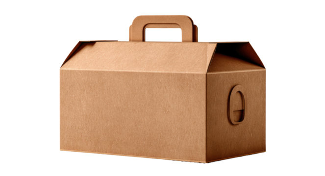 Brown cardboard carry box with handle and cutout. Perfect for food delivery or gifting