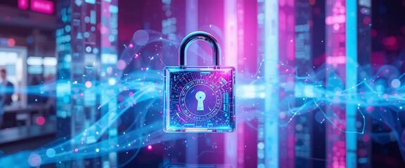 Network-inspired abstract background, glowing cyber 3d lock with golden metal layers in glass orb, dark purple wall gradient with blue shimmer,