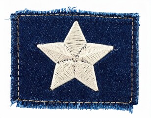 A denim rectangle with a white embroidered star, frayed edges on a white background