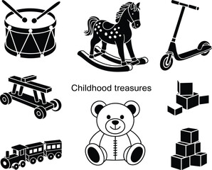 Black Silhouette Collection Of Classic Children's Toys And Blocks childhood vintage