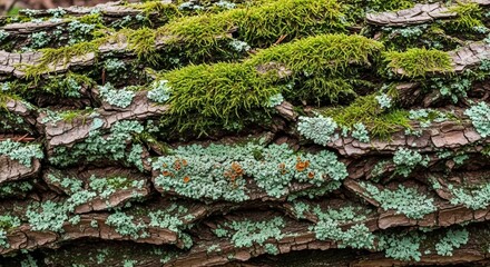 Ancient Tree Bark Texture with Vibrant Moss and Lichens