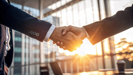 Close up handshake between business partners at office during sunset light, symbolizing partnership, teamwork, collaboration, and successful corporate agreement