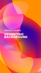 Vibrant abstract shapes overlap black background. Text promotes geometric design, includes read more button. Colorful gradients dominate composition.