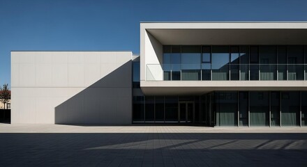 Stark Modern Architecture: Geometric Concrete and Glass Facade under Blue Sky