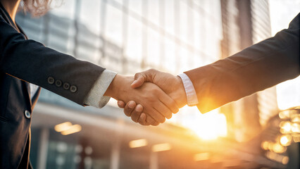 Firm handshake between two business professionals in formal suits at bright modern office, symbolizing trust, partnership, teamwork, and successful business negotiation