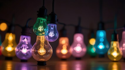 A string of glowing and colorful vintage light bulbs with a strong bokeh effect creating a festive and decorative atmosphere. Holiday concept