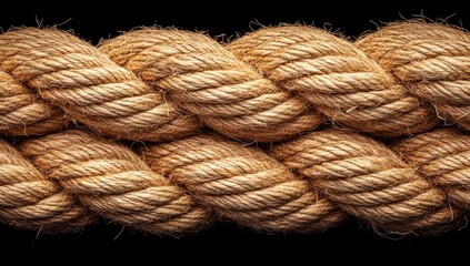 Close-up of thick, twisted hemp rope against black backdrop