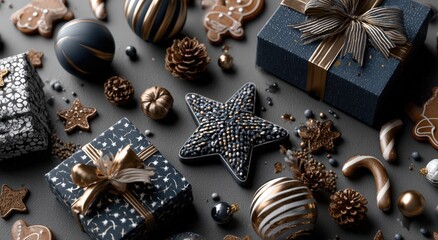 A beautifully decorated table with Christmas decorations and gifts