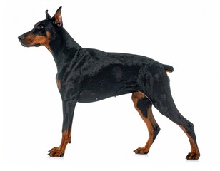 Sleek black and tan dog in a side profile pose against a clean white background