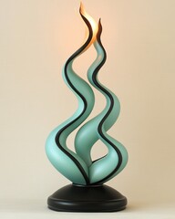 Abstract light fixture, teal waves on black base, glowing flame