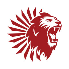 Roaring lion head with red sunburst Keywords: lion, king, animal, roar, head, aggressive