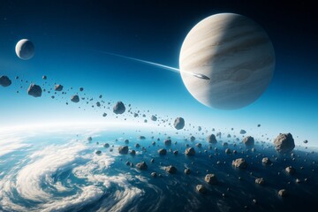 Futuristic spaceship flying through asteroid belt near gas giant above Earth with cosmic light and science fiction background in deep space.