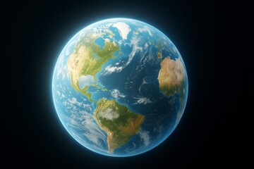 Fototapeta premium Detailed 3D illustration of Earth with sunlight hitting the Western Hemisphere in space, showing continents and clouds from a scientific perspective.