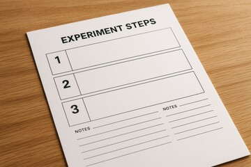 Minimalist experiment steps worksheet with numbered sections and notes area placed on wooden background under soft light, concept of planning science tasks. Ai generative