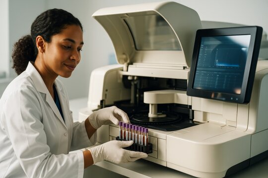 Female lab technician loading blood samples into automated analyzer machine in clinical laboratory setting with digital interface display. Ai generative