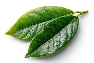 Fototapeta premium A vibrant green leaf adorned with glistening water drops on a white background