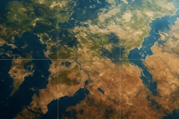 Fototapeta premium High detail satellite-style collage of Earth terrain showing rivers, mountains, and deserts with realistic light and atmospheric background concept. Ai generative