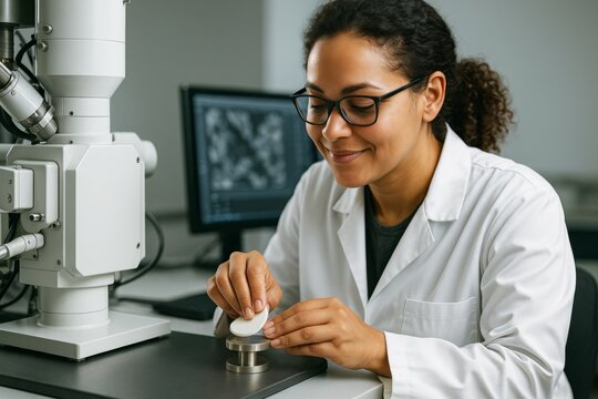 Female scientist preparing sample for electron microscope analysis in laboratory, smiling while working with scientific equipment on background. Ai generative