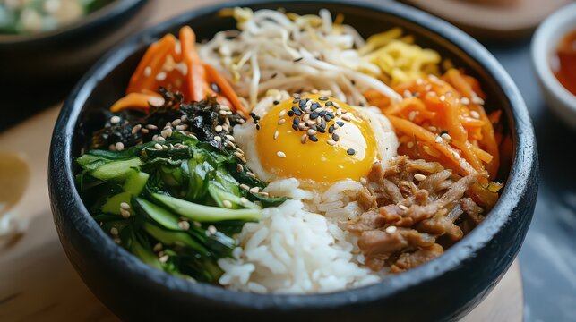 Close up of bibimbap in a black stone bowl with a vibrant egg yolk and assorted colorful vegetables