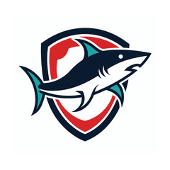Obraz premium Shark emblem with shield and red blue accents Keywords: shark, emblem, shield, logo, protection