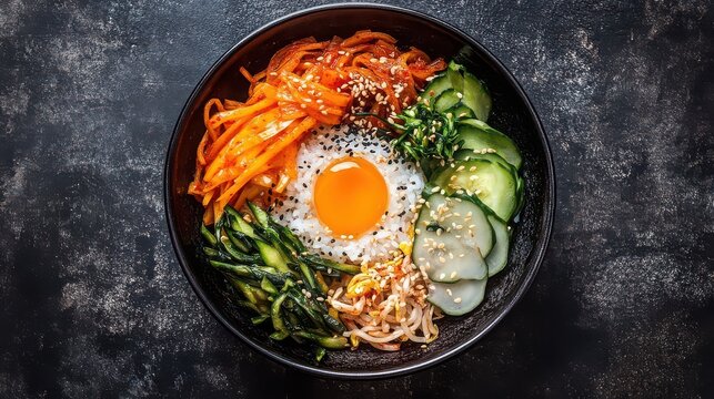 A top down view of bibimbap in a black bowl on a dark surface with various colorful ingredients