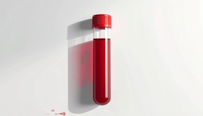 Render a single test tube filled with red liquid, capped in red, casting a shadow on a clean surface with small red stains nearby to emphasize medical testing, precision, and biological intensity.
