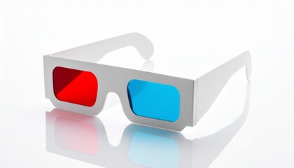 Anaglyph 3D glasses with red and blue lenses and white frame on white background for editorial visual technology entertainment history and stereoscopic viewing-themed visuals