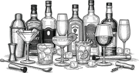 Vintage bar setup illustration with liquor bottles, cocktail glasses, garnishes, bar tools, ice cubes — classic mixology scene in sketch style © Vex flow