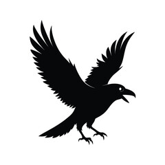 Obraz premium Black silhouette of a crow in flight with wings spread Keywords: crow, raven, bird, silhouette