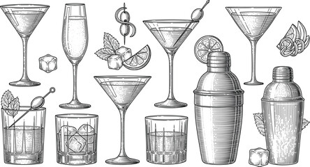 Vintage cocktail glassware and shaker illustration with garnishes, ice cubes, mint leaves — classic mixology drink set in sketch style